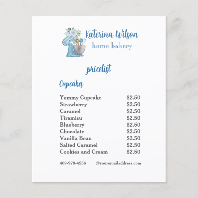 Blue Flower Mixer Bakery Business Menu Flyer (Front)