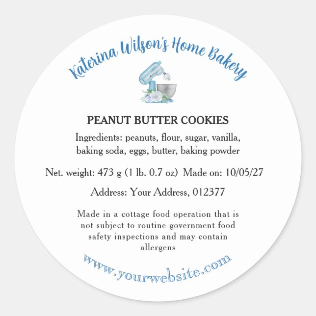 Blue Flower Mixer Bakery Cottage Law Cookie Label (Front)