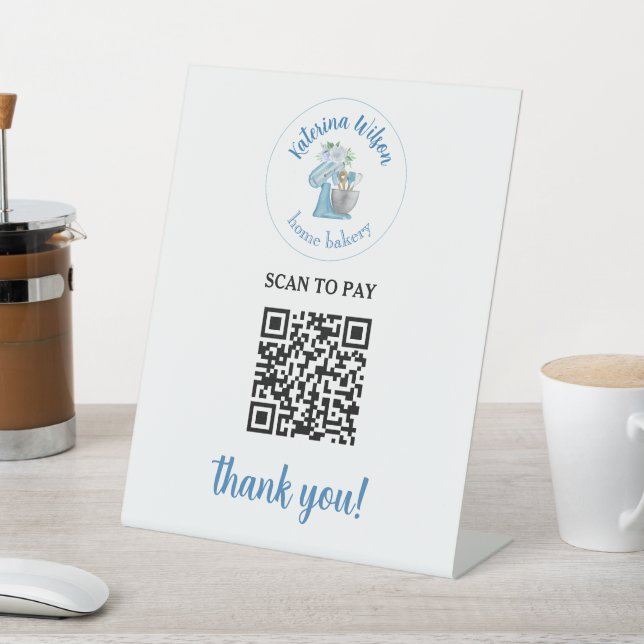  Blue Flower Mixer Bakery QR Code Scan To Pay Pedestal Sign (In SItu)