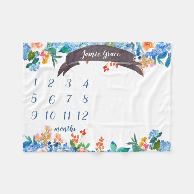 Blue Flower Monthly Milestone Baby Girl Blanket (Front (Horizontal))