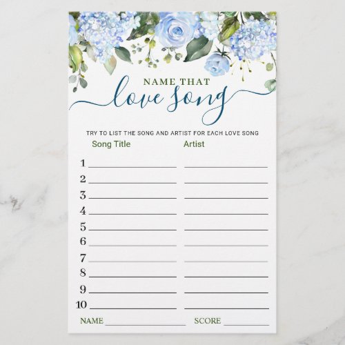 Blue Flower Name that Love Song Bridal Shower Game