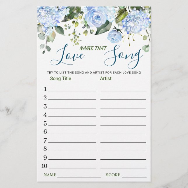 Blue Flower Name that Love Song Bridal Shower Game (Front)