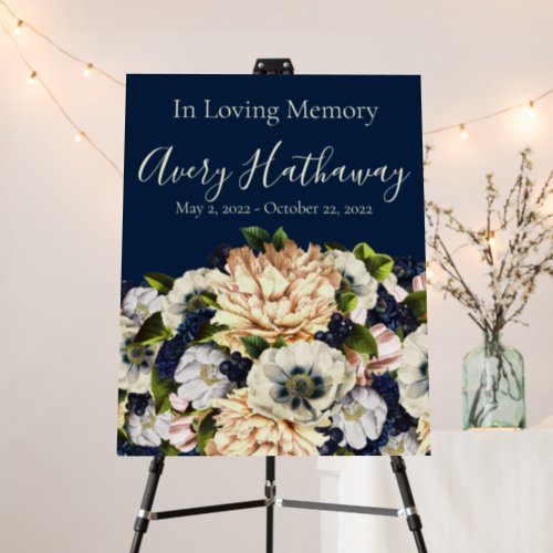 Blue Flower Navy Background Funeral Memorial Sign