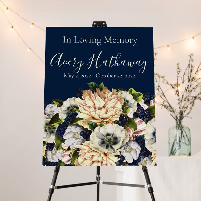 Blue Flower Navy Background Funeral Memorial Sign (In Situ (Stand))