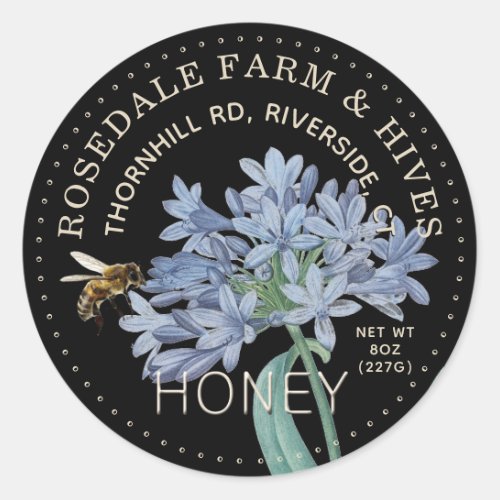 Blue Flower on Black Honey Label with Honeybee