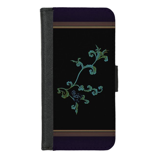 Blue flower On Black iPhone Wallet Case (Front)