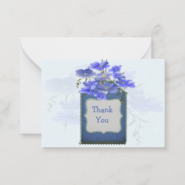Blue Flower On Denim Tag Thank You Cards (Front)