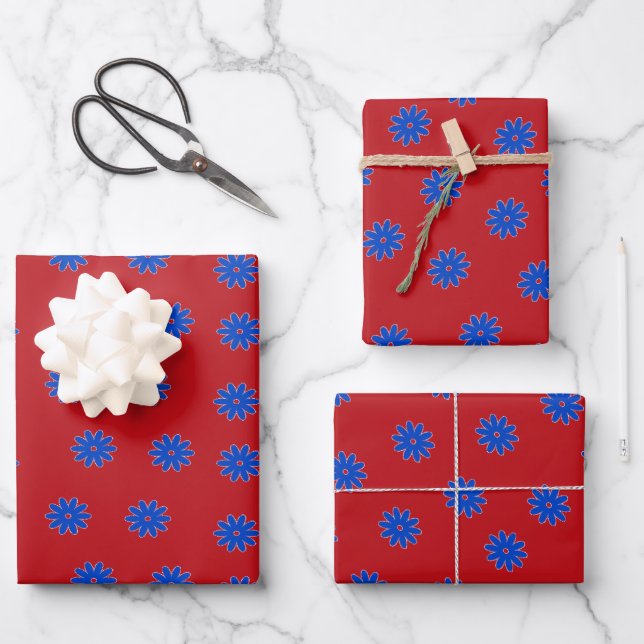 Blue flower on red wrapping paper sheets (Front)