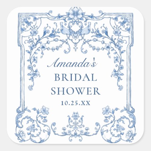 Blue Flower Ornate Bohemian Floral Bridal Shower Square Sticker