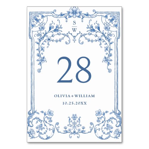 Blue Flower Ornate Victorian Grace Floral Wedding Table Number