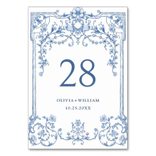 Blue Flower Ornate Victorian Grace Floral Wedding Table Number