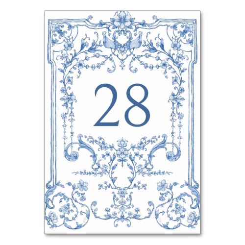 Blue Flower Ornate Victorian Grace Floral Wedding Table Number