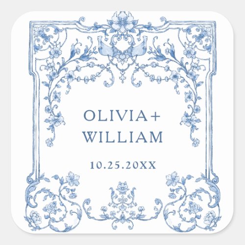 Blue Flower Ornate Vintage Bohemian Floral Wedding Square Sticker