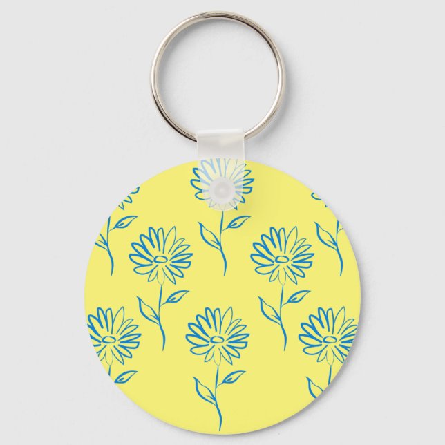 Blue Flower Outline In A Yellow Background Keychain (Front)