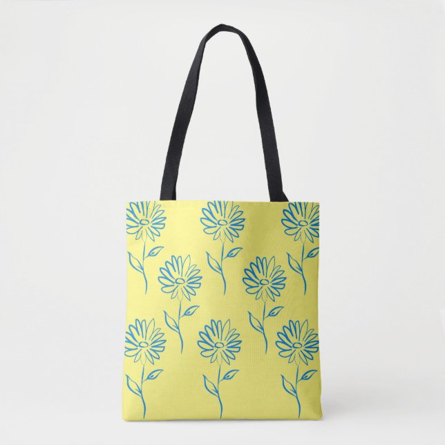 Blue Flower Outline In A Yellow Background Tote Bag (Front)