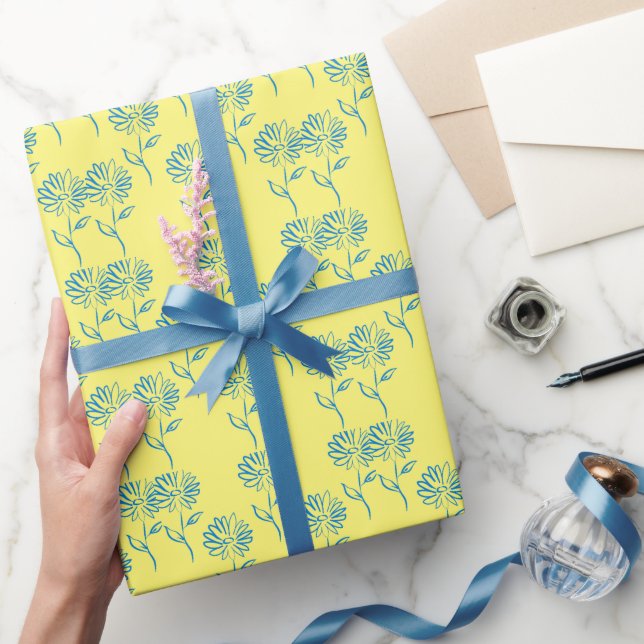 Blue Flower Outline In A Yellow Background Wrapping Paper (Gifting)