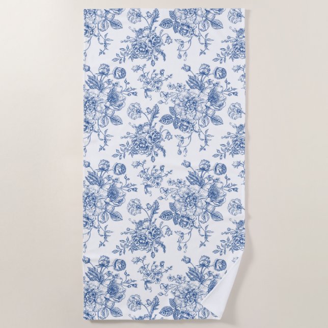 Blue Flower Pattern Beach Towel (Front)