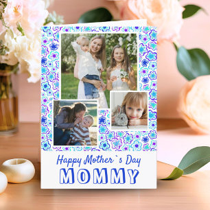 Blue Flower Pattern Happy Mother`s Day 3 Photo Card