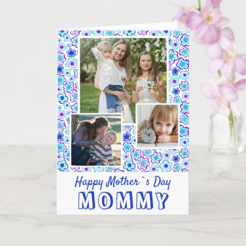 Blue Flower Pattern Happy Mothers Day 3 Photo  Card