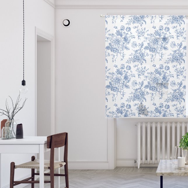 Blue Flower Pattern Sheer Curtains (Living Room)