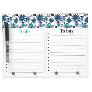 Blue Flower Pattern To Do List Dry Erase Board With Keychain Holder