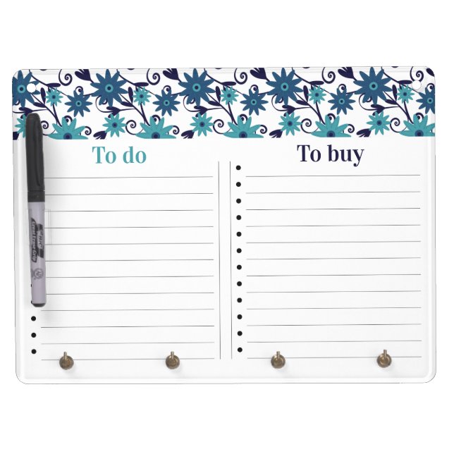 Blue Flower Pattern To Do List Dry Erase Board With Keychain Holder (Front)