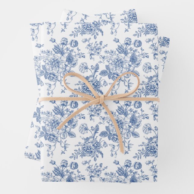 Blue Flower Pattern Wrapping Paper Sheets (In situ)