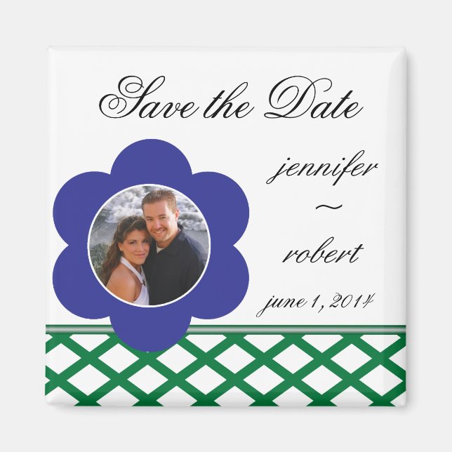 Blue Flower Photo Frame Save the Date Magnet (Front)