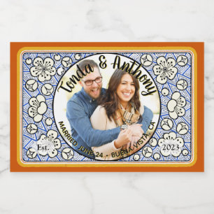 Blue Flower Photo Wedding Honey Jar Favor Labels