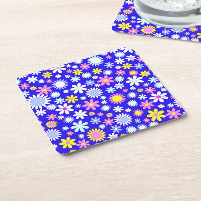 Blue Flower Power Square Paper Coaster (Angled)