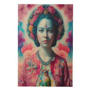 Blue flower princess with pink jacket wood wall art