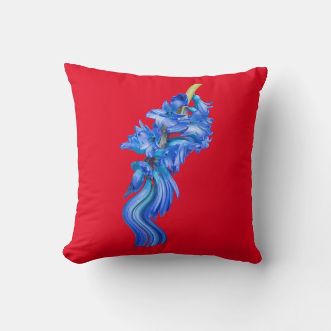 Blue Flower Red Background Throw Pillow (Front)