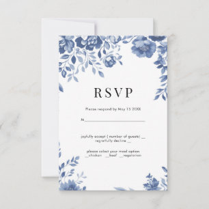 Blue Flower Retro floral wedding RSVP  Card
