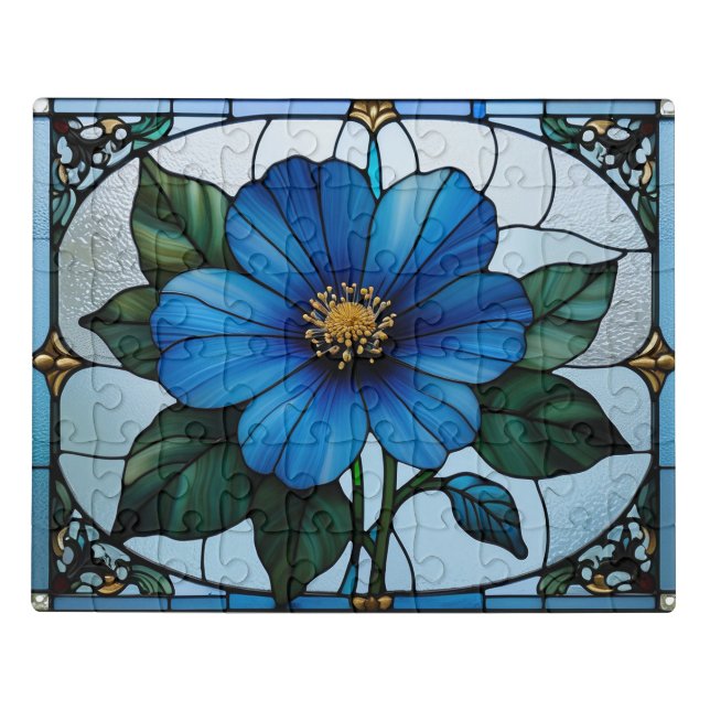 Blue flower stained glass jigsaw puzzle (Puzzle Horizontal)