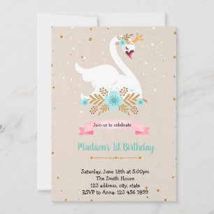 Blue flower swan birthday invitation