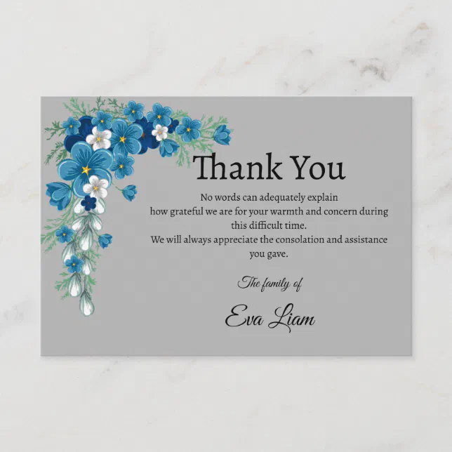 Blue flower sympathy funeral thank you card | Zazzle