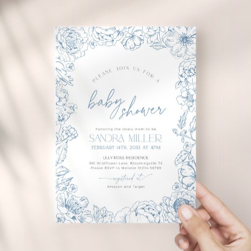 Blue flower Toile de Jouy Baby Shower Invitation