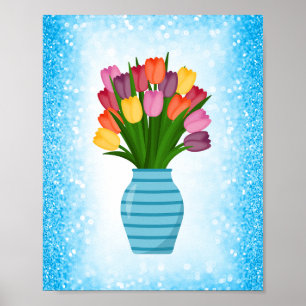 Blue Flower Vase with colorful Tulips with Border Poster