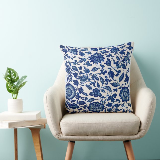 Blue Flower Vintage  Pattern Throw Pillow (Chair)