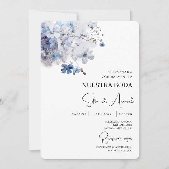 Blue flower water color Wedding Invitation (Front)