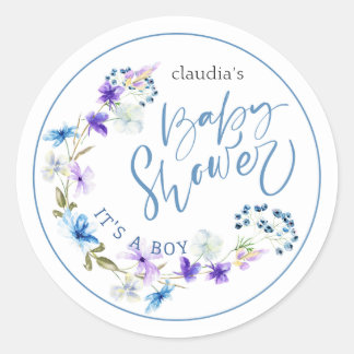blue flower watercolor for baby boy babyshower classic round sticker
