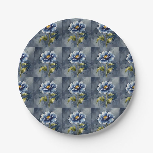 Blue flower watercolour pattern paper plates (Front)