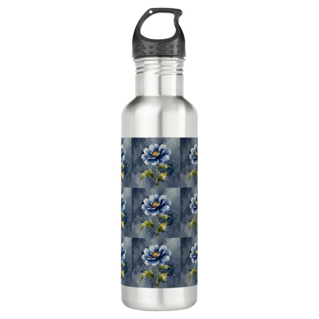 Blue flower watercolour pattern stainless steel water bottle (Front)