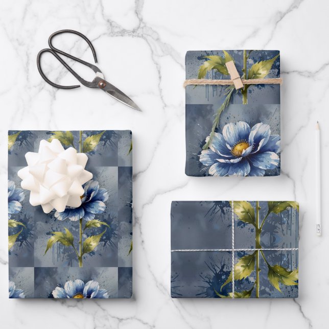 Blue flower watercolour pattern wrapping paper sheets (Front)