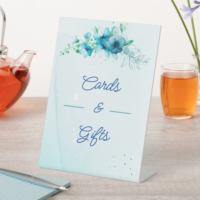 Blue Flower Wedding Cards And Gifts  Pedestal Sign (In SItu)