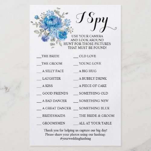 Blue Flower Wedding Reception I Spy Game Card Flyer
