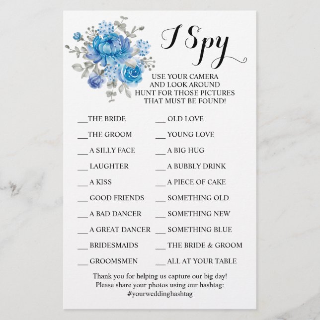 Blue Flower Wedding Reception I Spy Game Card Flyer (Front)