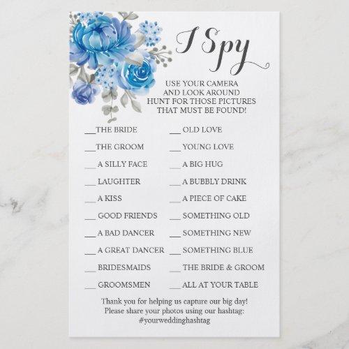 Blue Flower Wedding Reception I Spy Game Card Flyer