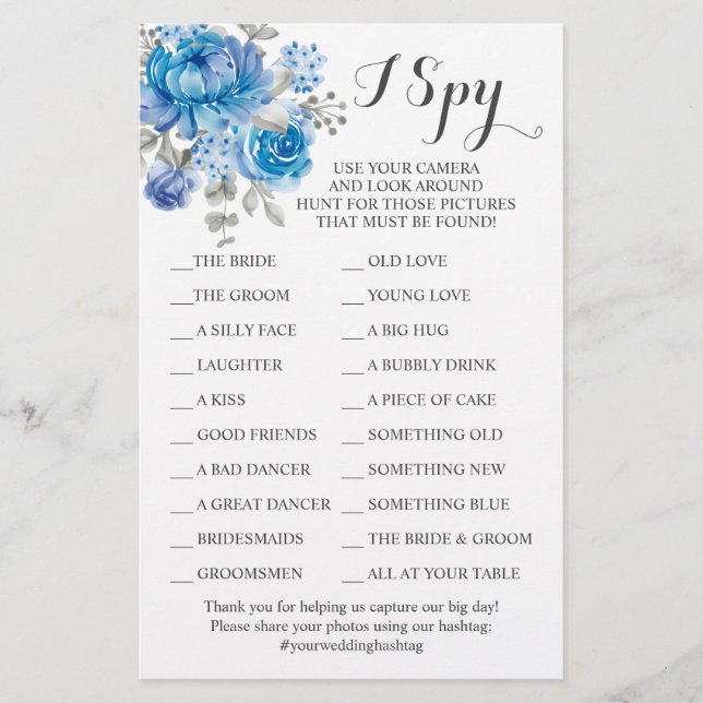 Blue Flower Wedding Reception I Spy Game Card Flyer (Front)