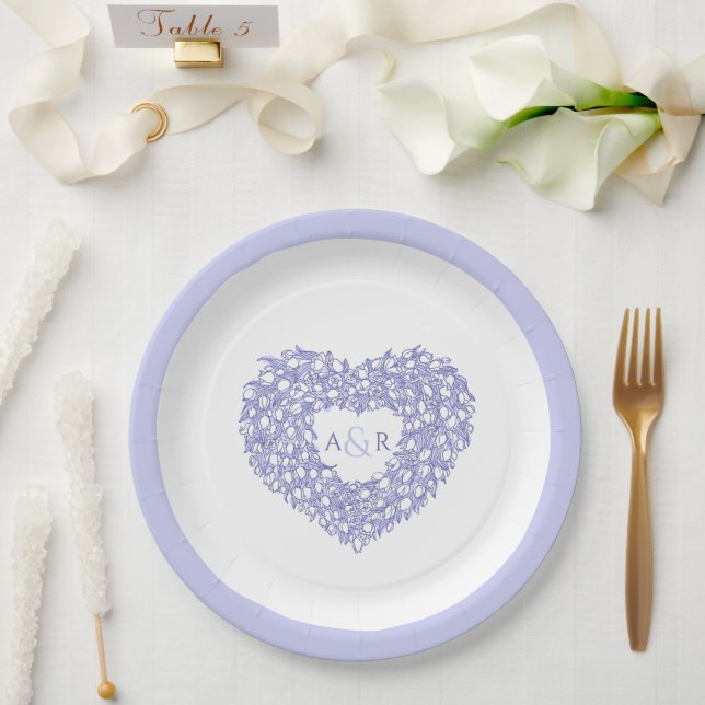 Blue flower wedding tulips heart bouquet monogram paper plates (Wedding)